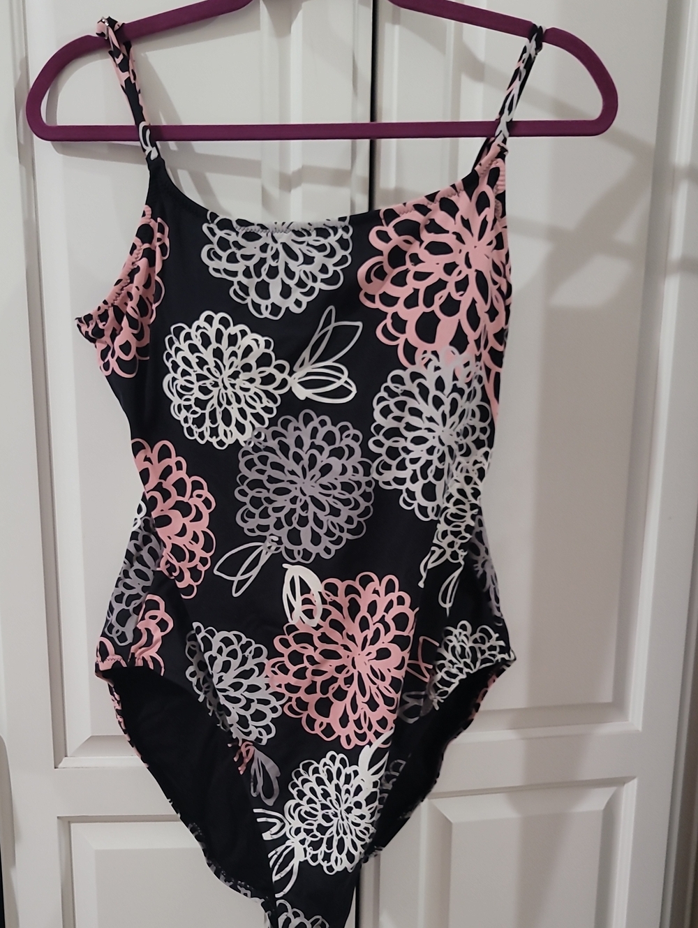 Garnet Hill Black One-Piece Swimsuit with Pink and White Floral Print